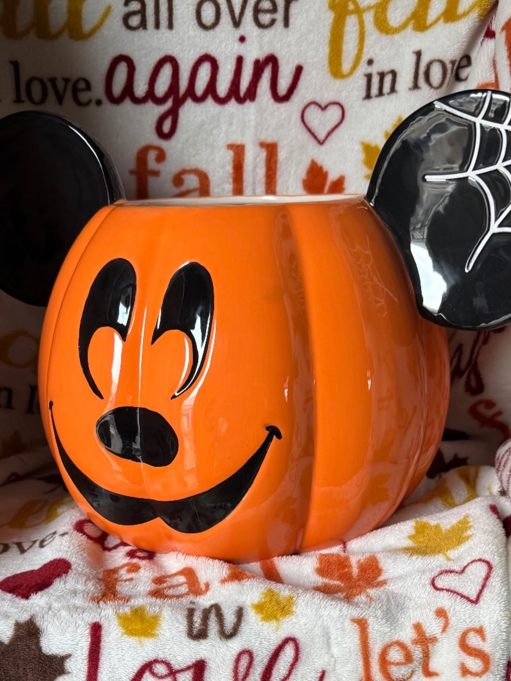 Disney Mickey Mouse Pumpkin Halloween Treat Bowl Spiderweb Ear With Box
